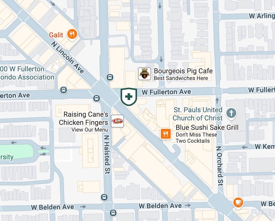 Map showing Scout Veterinary Urgent Care’s Lincoln Park location near W Fullerton Ave and N Halsted St in Chicago.
